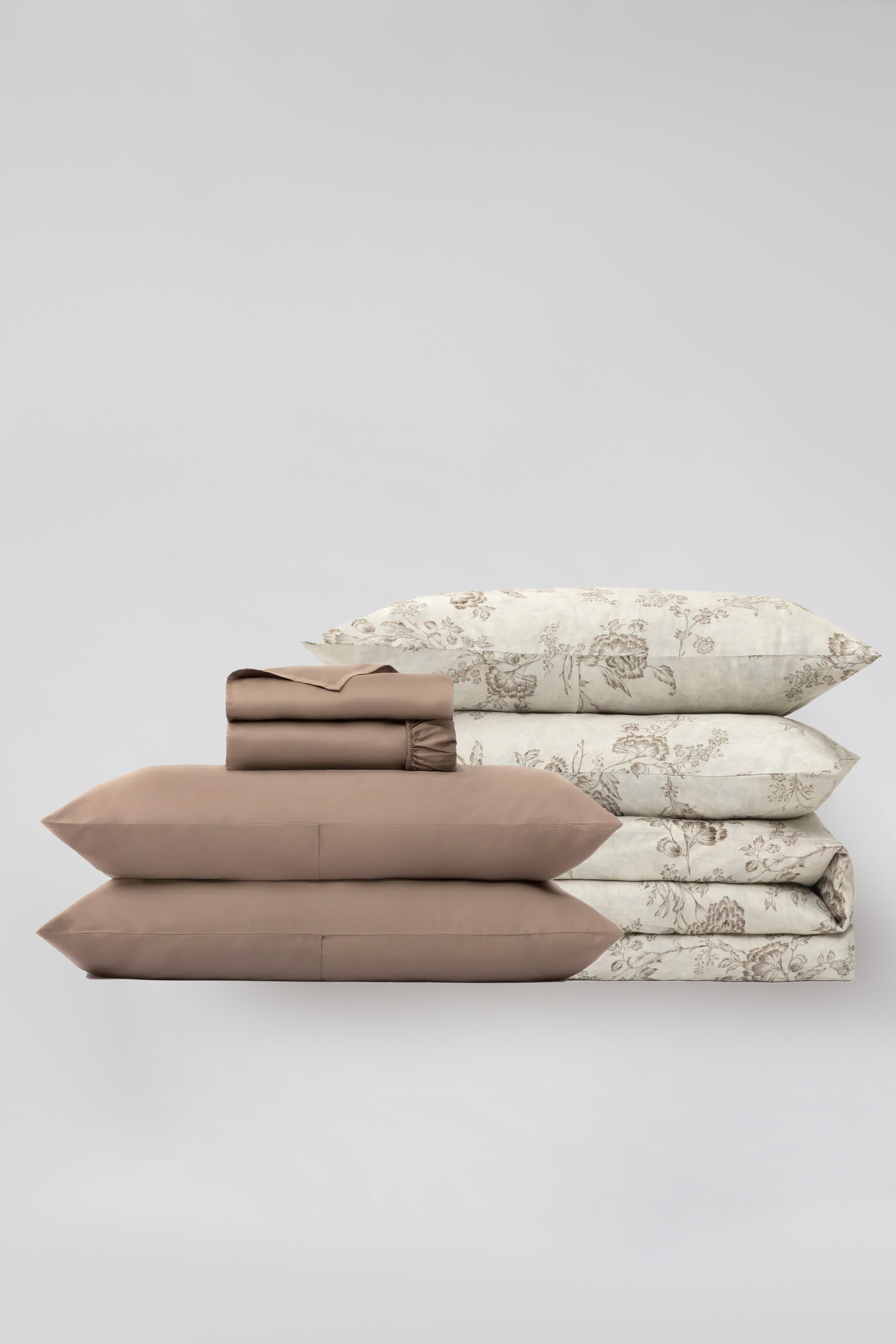 Classic Cotton Bedding Sets - Oriental Floral Duvet Cover + Taupe Brown Sheet Set Sheet Set - 7 piece set