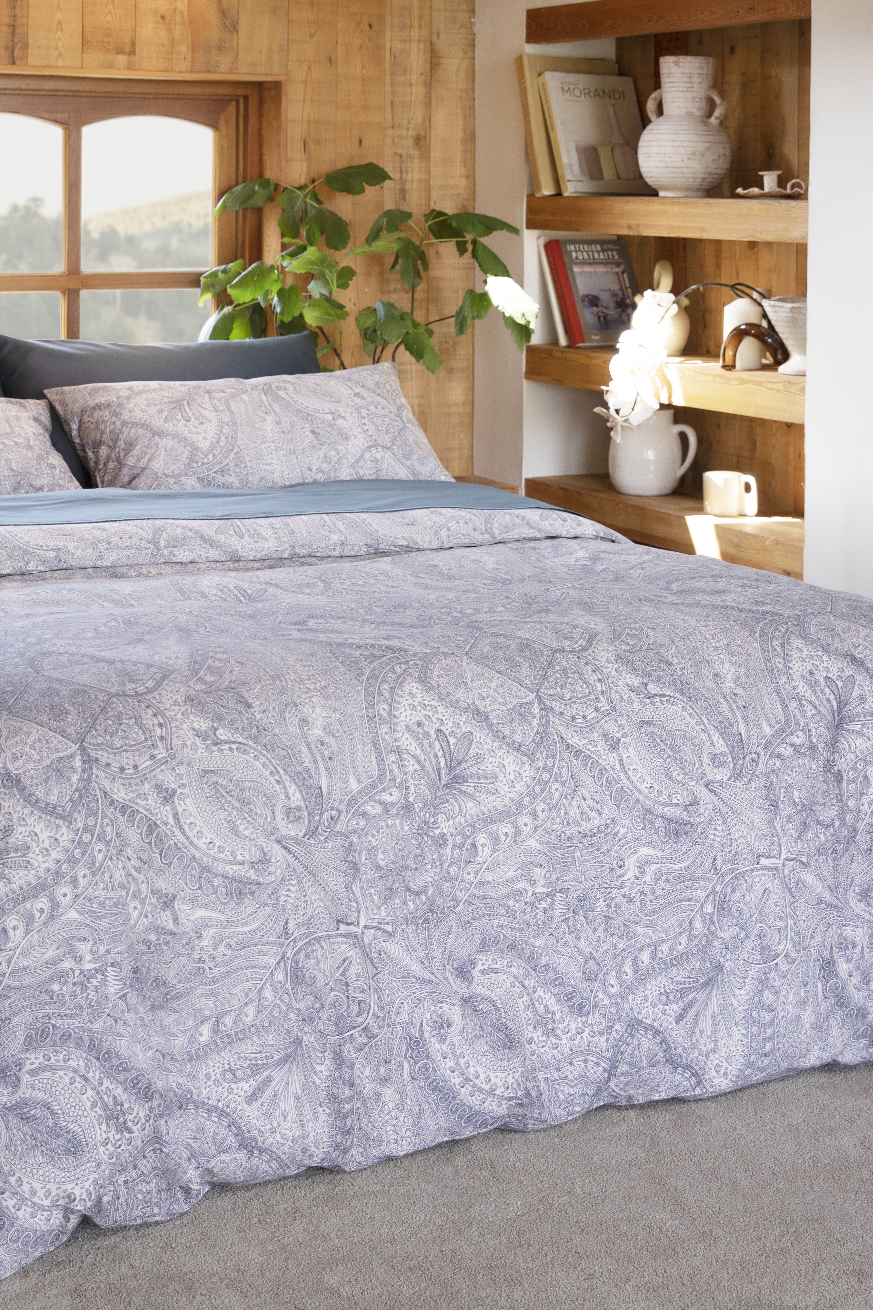 Classic Cotton Bedding Sets - The Grey Intricate Pen Drawings Duvet Cover + Smart Blue Sheet Set - 7 piece set